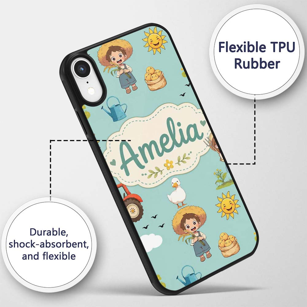 Cute Farm Tractor Duck Girl Sunny Field Teal Custom Name Protective Phone Case Mobile Cover Durable Everyday Smartphone Shock Resistant