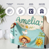 Cute Farm Tractor Duck Girl Sunny Field Teal Background Seamless  Personalised Custom Name Super Soft Fleece Blanket Bed Sofa Throw