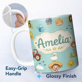 Personalized Custom Name Cute Farm Tractor Duck Girl Sunny Field Teal Background Seamless 11oz Ceramic Coffee Tea Mug White Large Handle
