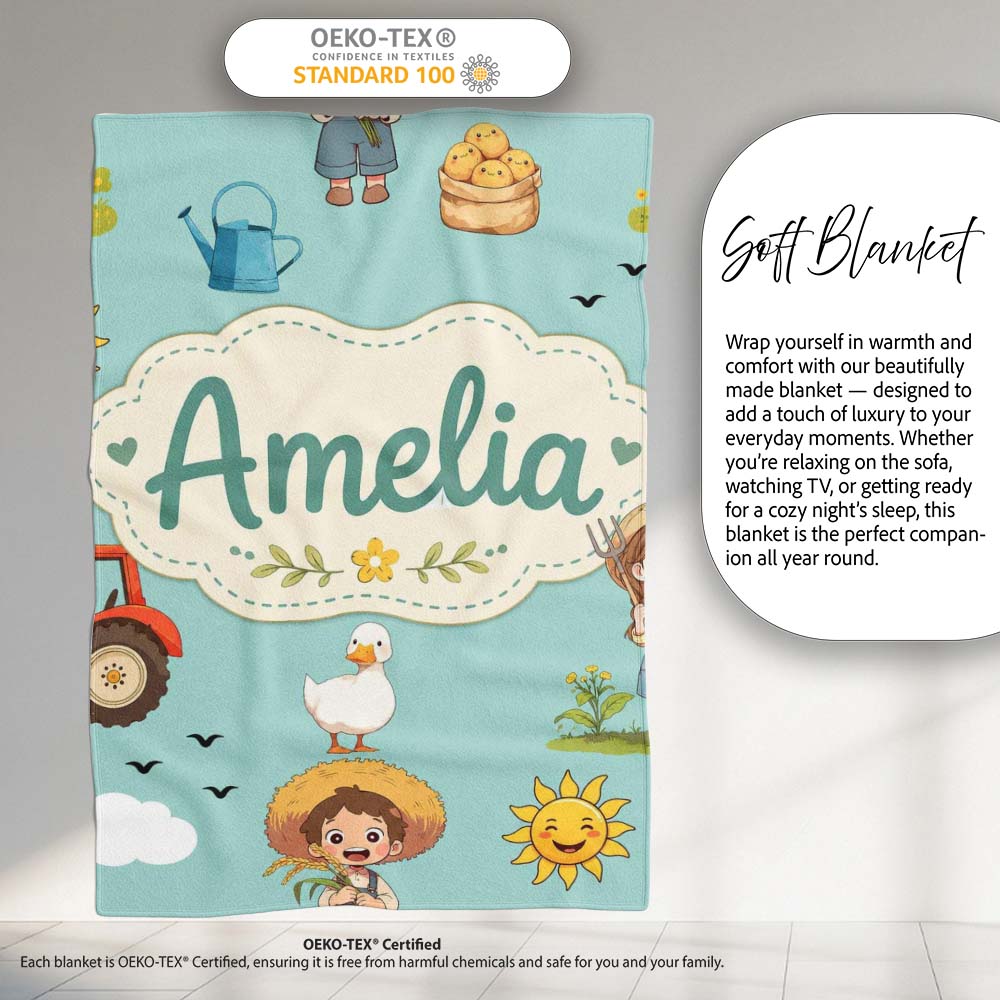 Cute Farm Tractor Duck Girl Sunny Field Teal Background Seamless  Personalised Custom Name Super Soft Fleece Blanket Bed Sofa Throw