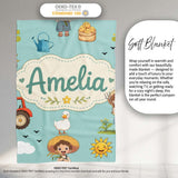 Cute Farm Tractor Duck Girl Sunny Field Teal Background Seamless  Personalised Custom Name Super Soft Fleece Blanket Bed Sofa Throw