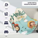 Cute Farm Tractor Duck Girl Sunny Field Teal Background Seamless  Personalised Custom Name Super Soft Fleece Blanket Bed Sofa Throw