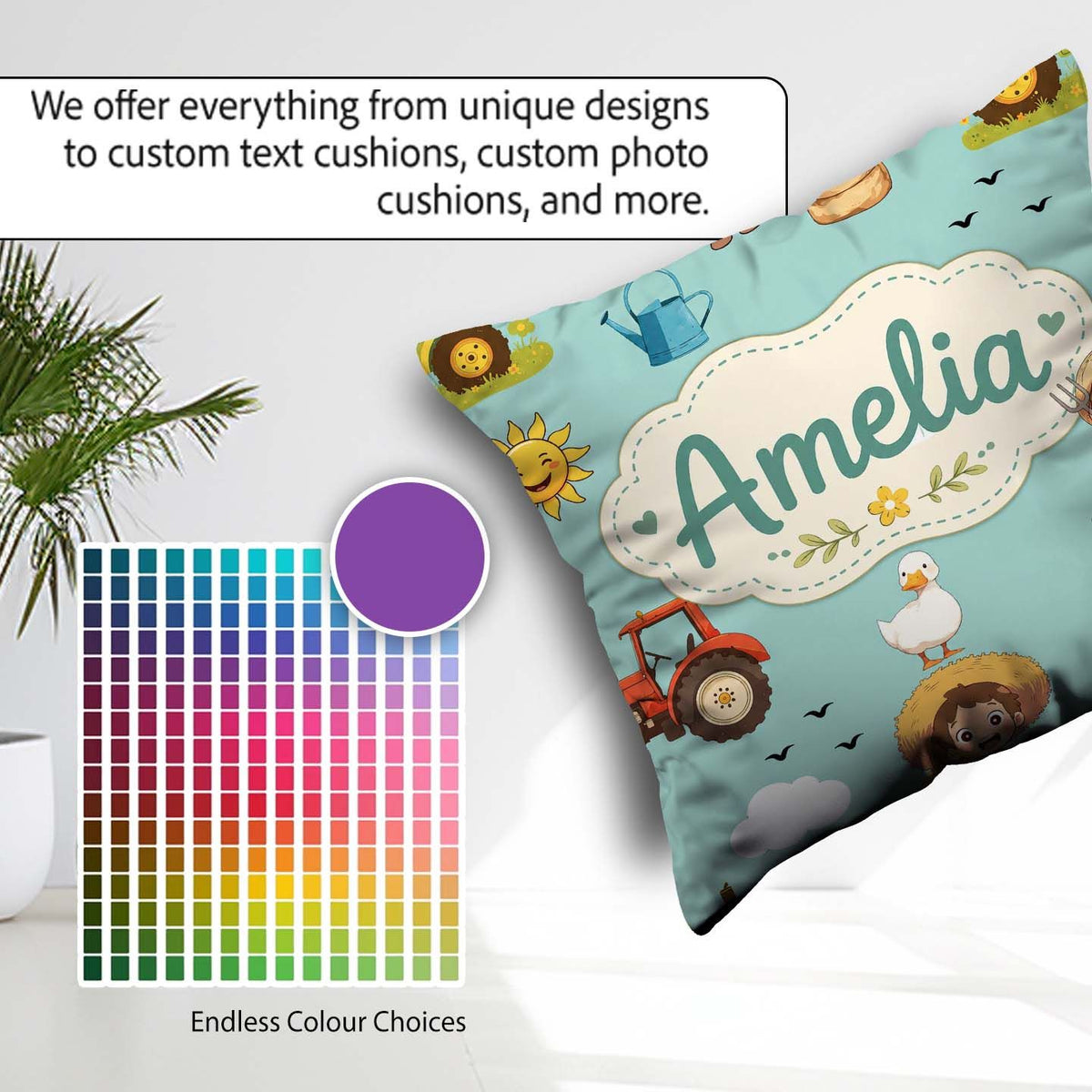 Custom Name Farm Duck Girl Sunny Field Teal Background Seamless Square Filled Cushion Throw Pillow Sofa Bed Home Decor Zip Washable UK Made