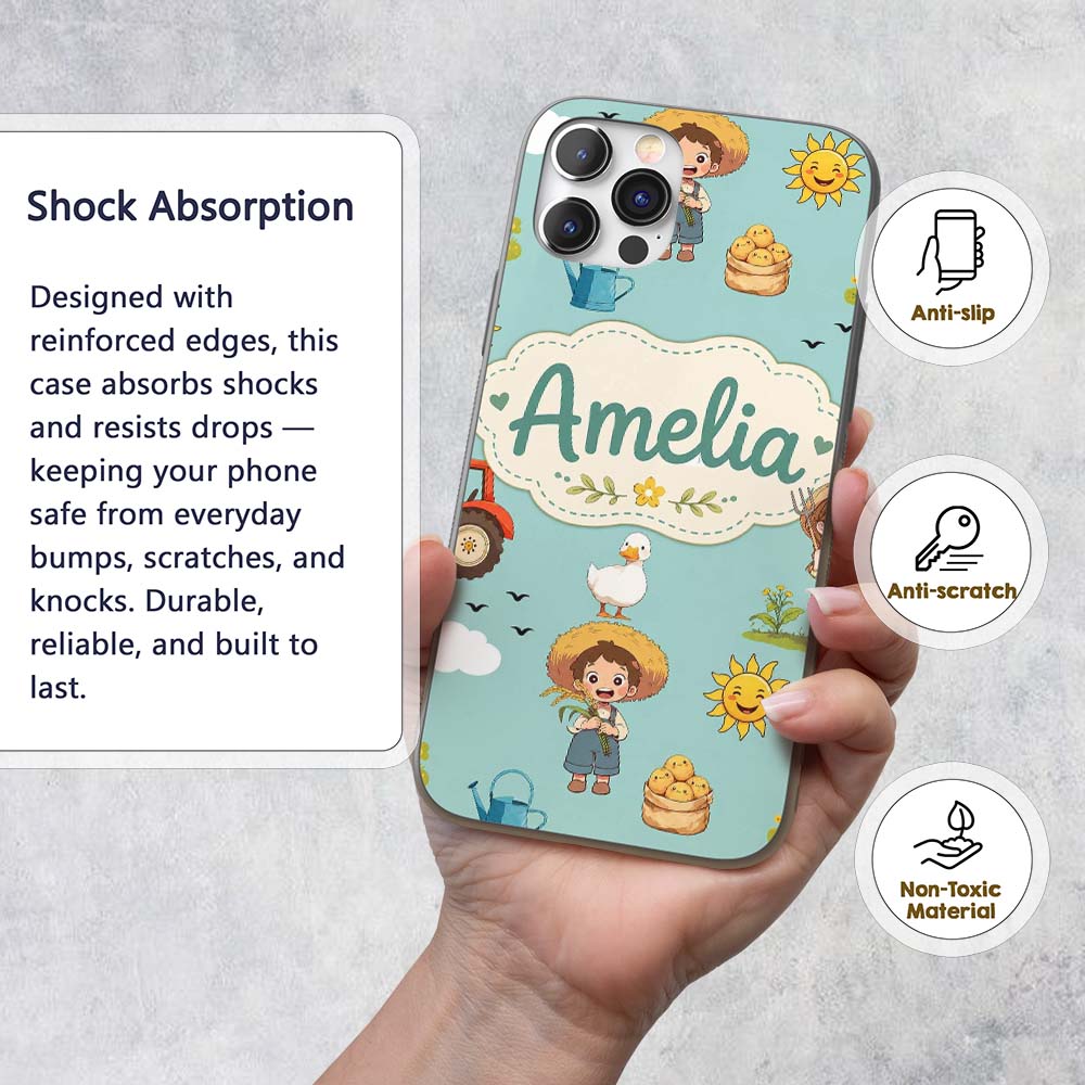 Cute Farm Tractor Duck Girl Sunny Field Teal Custom Name Protective Phone Case Mobile Cover Durable Everyday Smartphone Shock Resistant