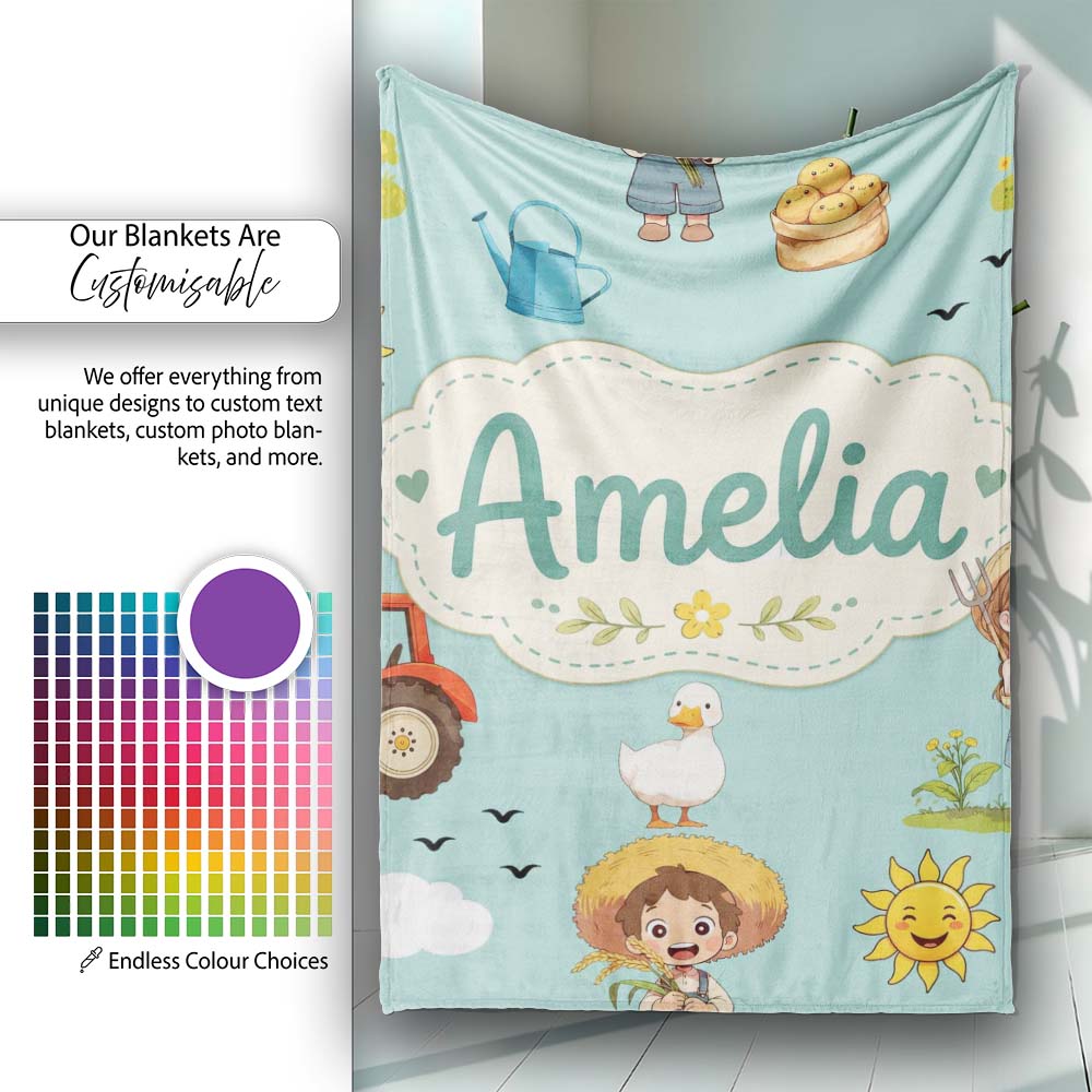 Cute Farm Tractor Duck Girl Sunny Field Teal Background Seamless  Personalised Custom Name Super Soft Fleece Blanket Bed Sofa Throw