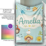 Cute Farm Tractor Duck Girl Sunny Field Teal Background Seamless  Personalised Custom Name Super Soft Fleece Blanket Bed Sofa Throw