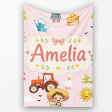 Cute Farm Tractor Duck Girl Sunny Field Pink Background Seamless  Personalised Custom Name Super Soft Fleece Blanket Bed Sofa Throw