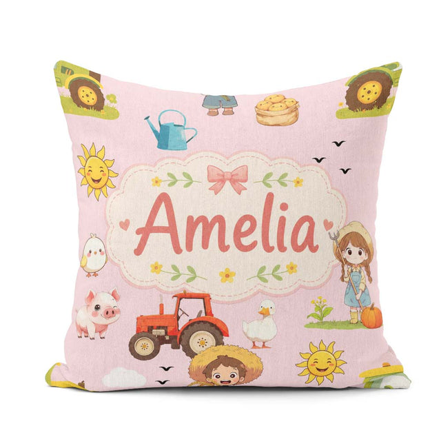Custom Name Farm Duck Girl Sunny Field Pink Background Seamless Square Filled Cushion Throw Pillow Sofa Bed Home Decor Zip Washable UK Made