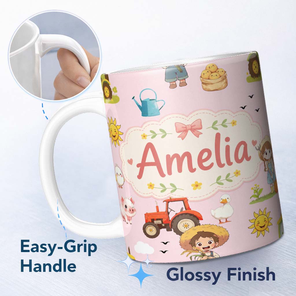 Personalized Custom Name Cute Farm Tractor Duck Girl Sunny Field Pink Background Seamless 11oz Ceramic Coffee Tea Mug White Large Handle