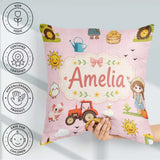Custom Name Farm Duck Girl Sunny Field Pink Background Seamless Square Filled Cushion Throw Pillow Sofa Bed Home Decor Zip Washable UK Made