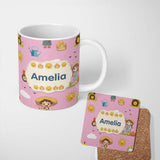 Personalized Custom Name Cute Farm Tractor Duck Girl Sunny Field Rose Background Seamless 11oz Ceramic Coffee Tea Mug White Large Handle