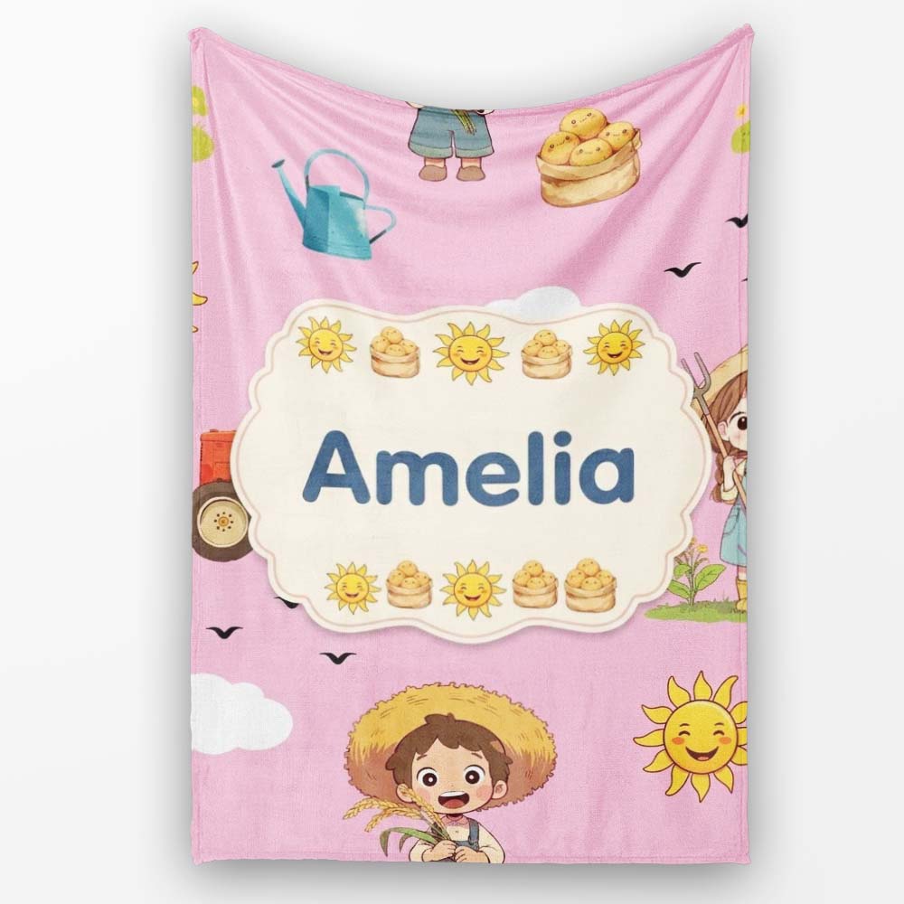 Cute Farm Tractor Duck Girl Sunny Field Rose Background Seamless  Personalised Custom Name Super Soft Fleece Blanket Bed Sofa Throw