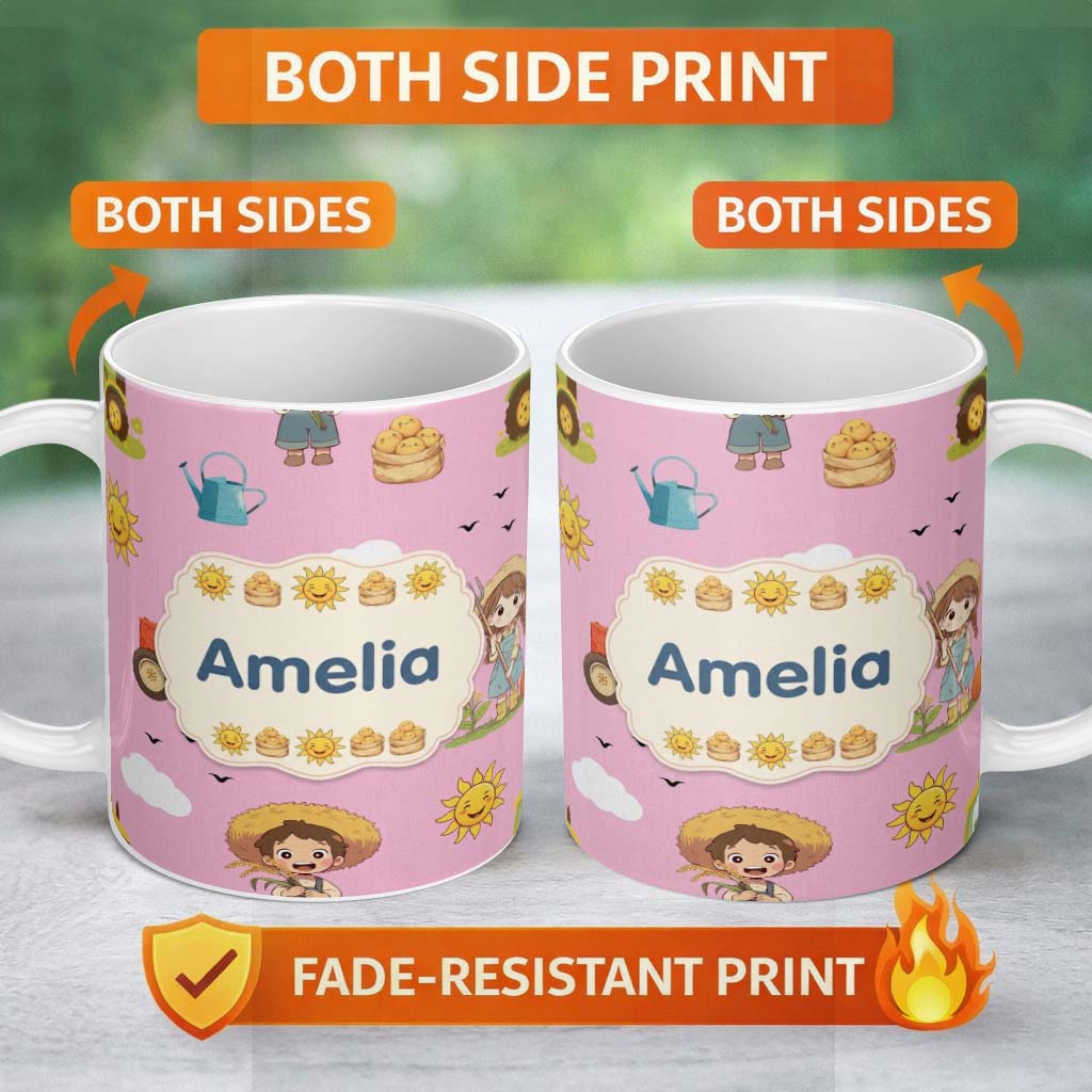 Personalized Custom Name Cute Farm Tractor Duck Girl Sunny Field Rose Background Seamless 11oz Ceramic Coffee Tea Mug White Large Handle
