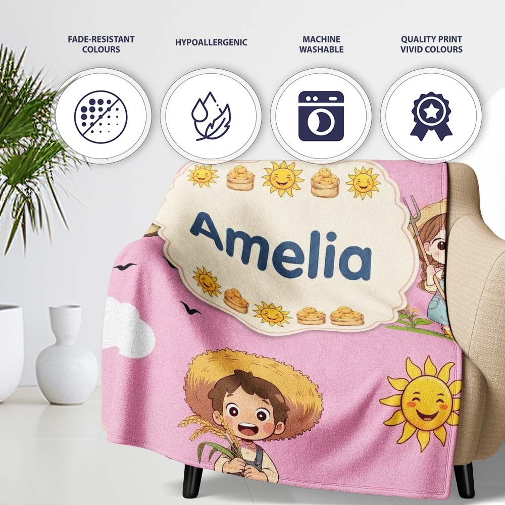Cute Farm Tractor Duck Girl Sunny Field Rose Background Seamless  Personalised Custom Name Super Soft Fleece Blanket Bed Sofa Throw