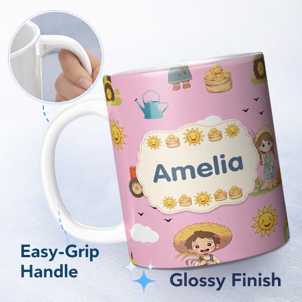 Personalized Custom Name Cute Farm Tractor Duck Girl Sunny Field Rose Background Seamless 11oz Ceramic Coffee Tea Mug White Large Handle