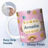 Personalized Custom Name Cute Farm Tractor Duck Girl Sunny Field Rose Background Seamless 11oz Ceramic Coffee Tea Mug White Large Handle