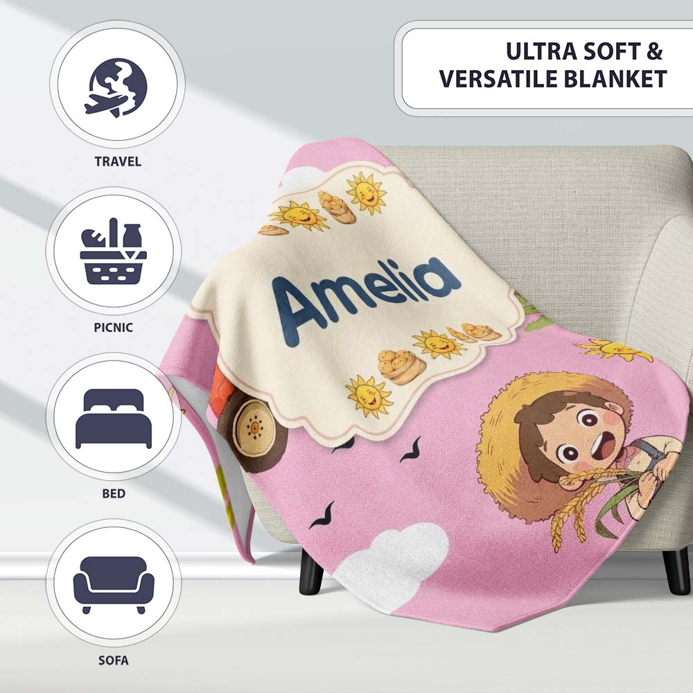 Cute Farm Tractor Duck Girl Sunny Field Rose Background Seamless  Personalised Custom Name Super Soft Fleece Blanket Bed Sofa Throw
