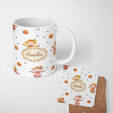 Personalized Custom Name Cute Scarecrow Pumpkin Autumn Field Grey Background Seamless 11oz Ceramic Coffee Tea Mug White Large Handle