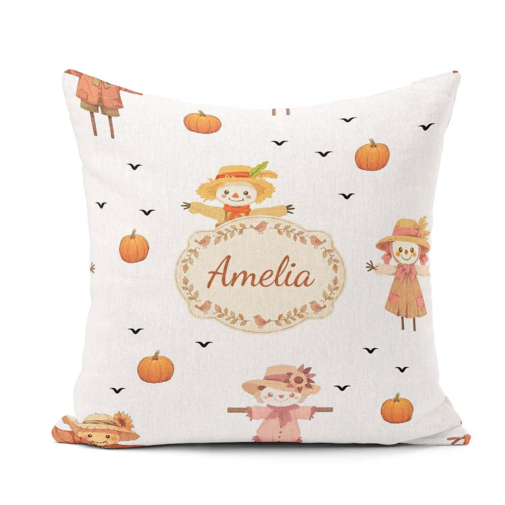 Custom Name Cute Scarecrow Autumn Field Grey Background Seamless Square Filled Cushion Throw Pillow Sofa Bed Home Decor Zip Washable UK Made