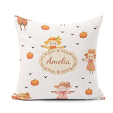 Custom Name Cute Scarecrow Autumn Field Grey Background Seamless Square Filled Cushion Throw Pillow Sofa Bed Home Decor Zip Washable UK Made