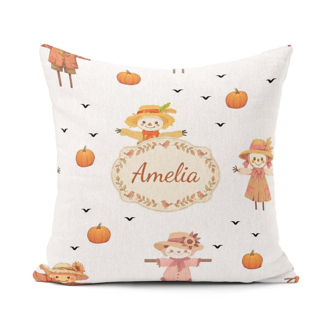 Custom Name Cute Scarecrow Autumn Field Grey Background Seamless Square Filled Cushion Throw Pillow Sofa Bed Home Decor Zip Washable UK Made