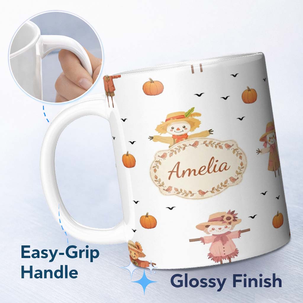 Personalized Custom Name Cute Scarecrow Pumpkin Autumn Field Grey Background Seamless 11oz Ceramic Coffee Tea Mug White Large Handle