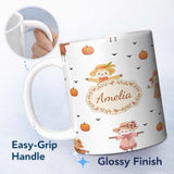 Personalized Custom Name Cute Scarecrow Pumpkin Autumn Field Grey Background Seamless 11oz Ceramic Coffee Tea Mug White Large Handle