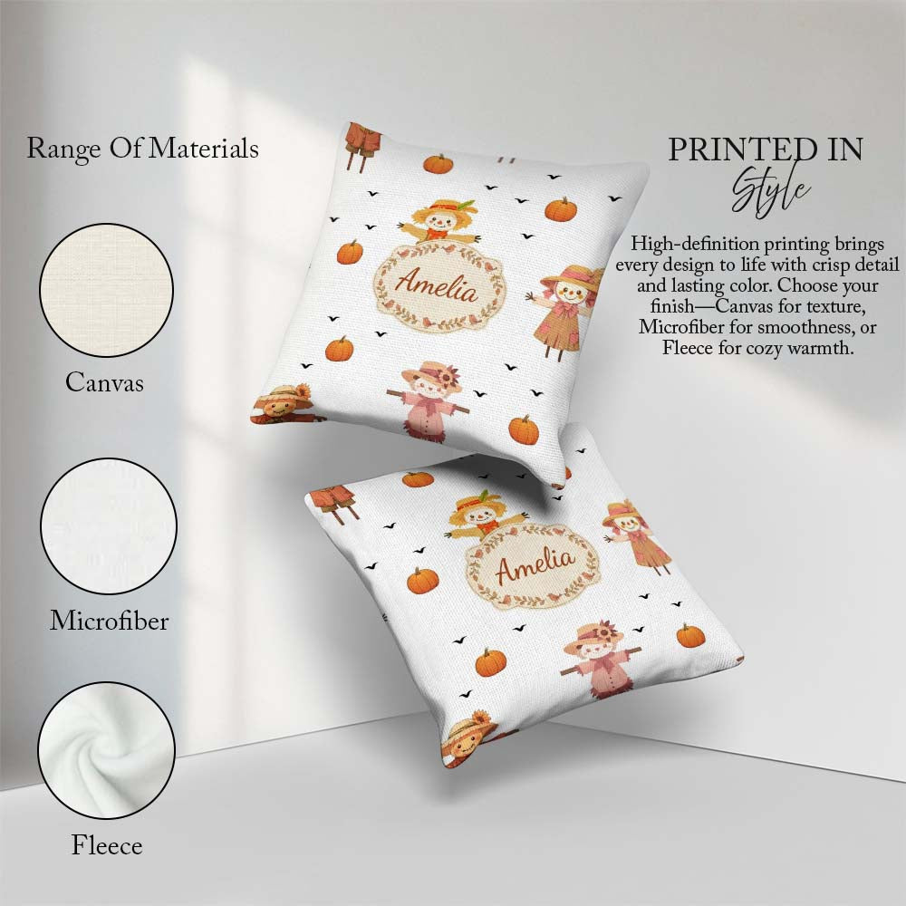 Custom Name Cute Scarecrow Autumn Field Grey Background Seamless Square Filled Cushion Throw Pillow Sofa Bed Home Decor Zip Washable UK Made