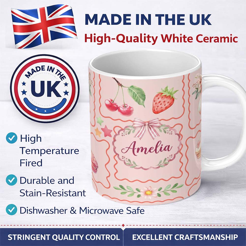 Personalized Custom Name Watercolor Cherry Strawberry Bow Macaron Dessert Frame Blush Pink 11oz Ceramic Coffee Tea Mug White Large Handle