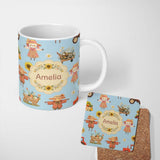 Personalized Custom Name Cute Scarecrow Barn Sunflower Farm Blue Background Seamless Pattern 11oz Ceramic Coffee Tea Mug White Large Handle