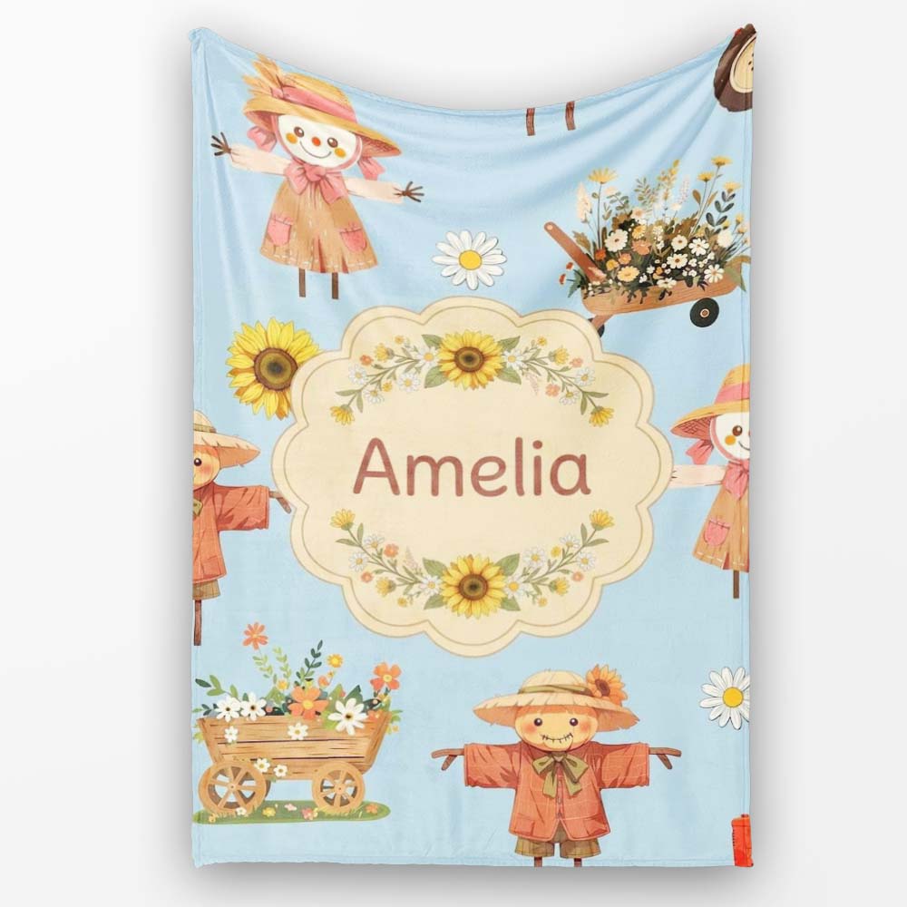 Cute Scarecrow Barn Sunflower Farm Blue Background Seamless Pattern  Personalised Custom Name Super Soft Fleece Blanket Bed Sofa Throw