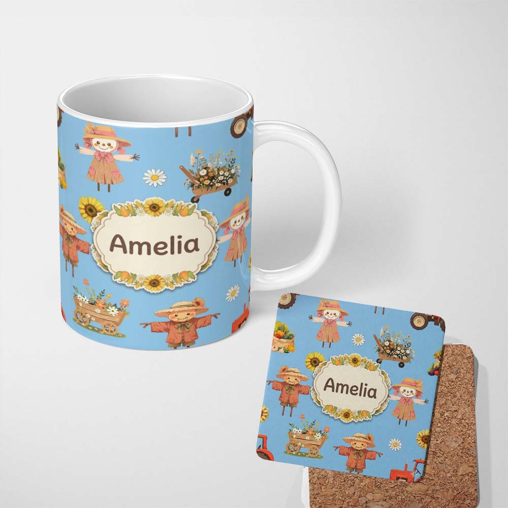Personalized Custom Name Cute Scarecrow Barn Sunflower Farm Sky Blue Background Seamless 11oz Ceramic Coffee Tea Mug White Large Handle