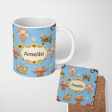 Personalized Custom Name Cute Scarecrow Barn Sunflower Farm Sky Blue Background Seamless 11oz Ceramic Coffee Tea Mug White Large Handle