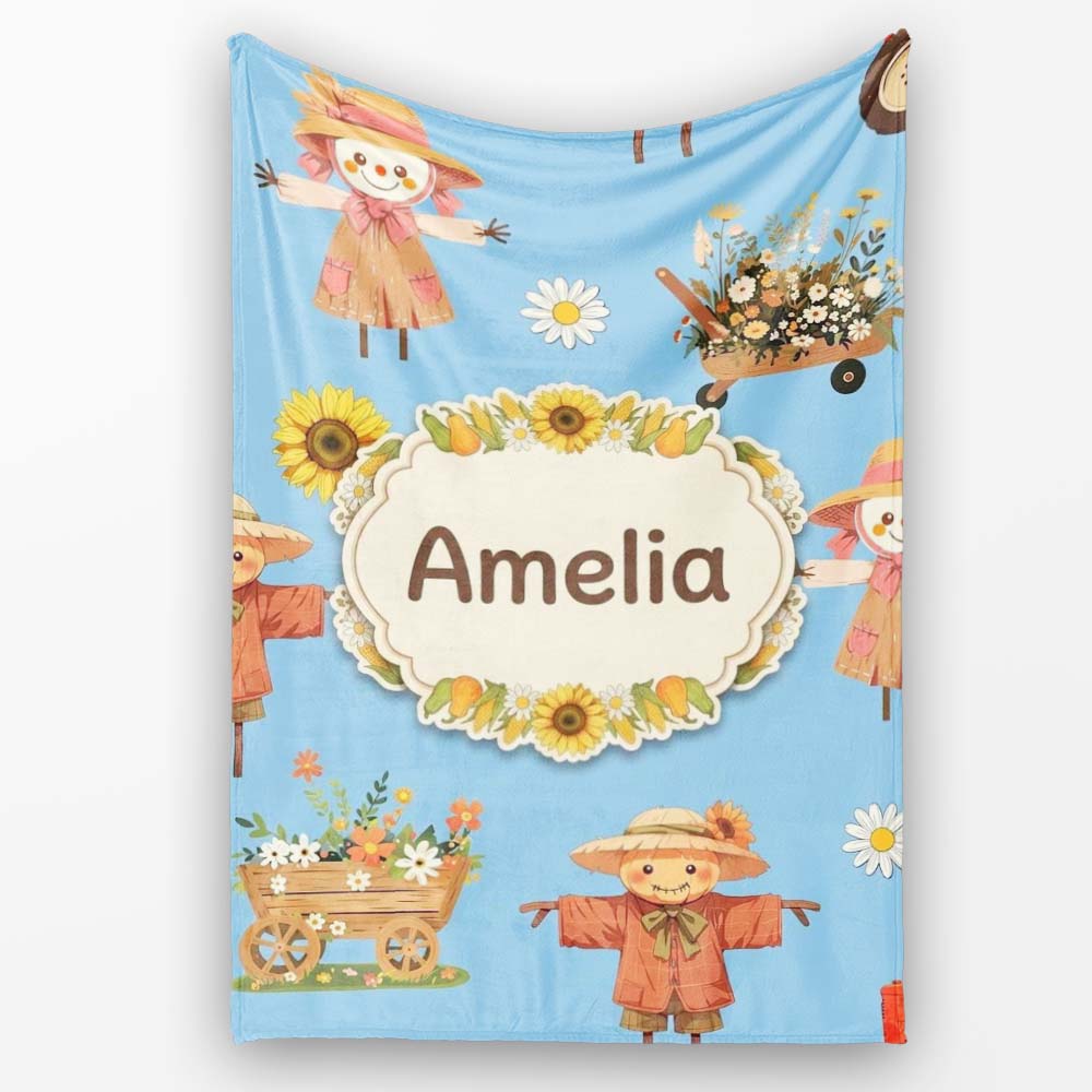Cute Scarecrow Barn Sunflower Farm Sky Blue Background Seamless  Personalised Custom Name Super Soft Fleece Blanket Bed Sofa Throw