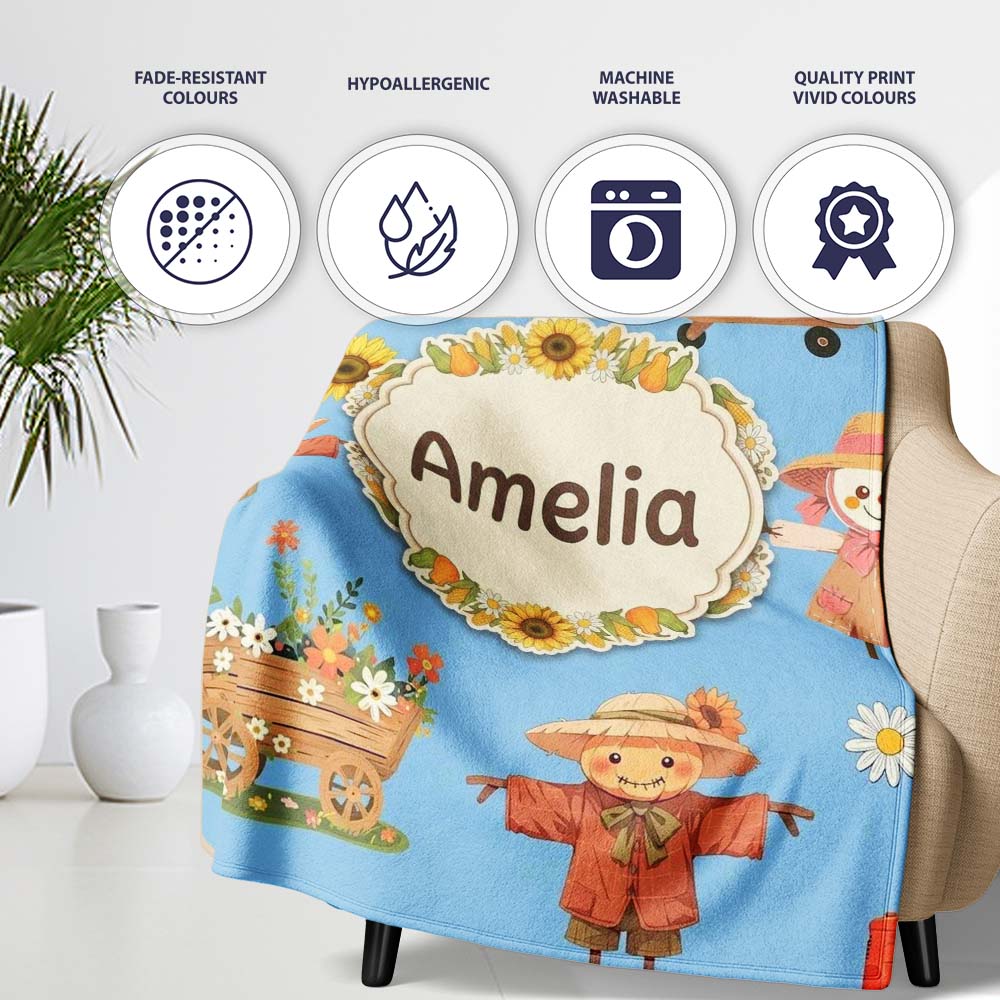 Cute Scarecrow Barn Sunflower Farm Sky Blue Background Seamless  Personalised Custom Name Super Soft Fleece Blanket Bed Sofa Throw