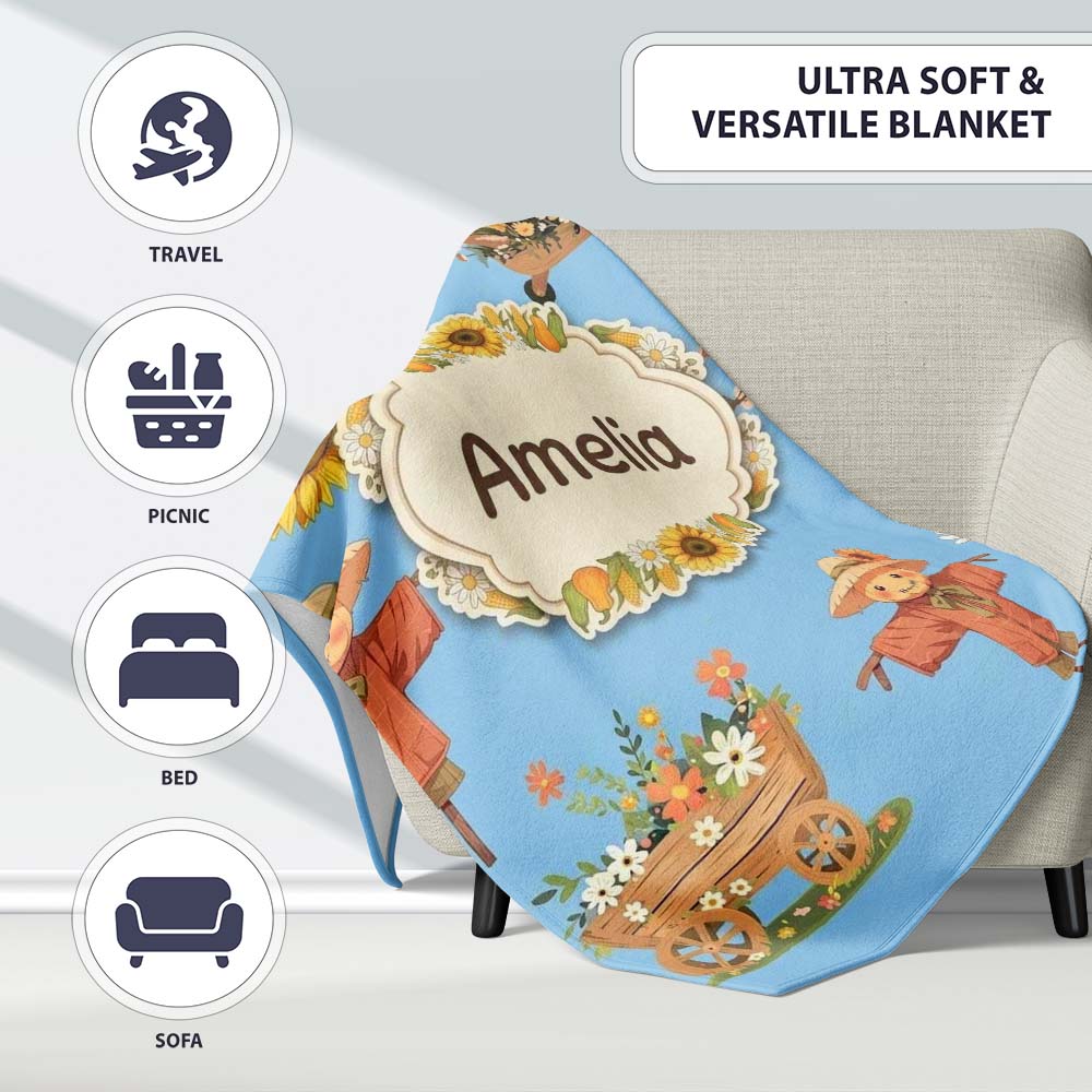 Cute Scarecrow Barn Sunflower Farm Sky Blue Background Seamless  Personalised Custom Name Super Soft Fleece Blanket Bed Sofa Throw