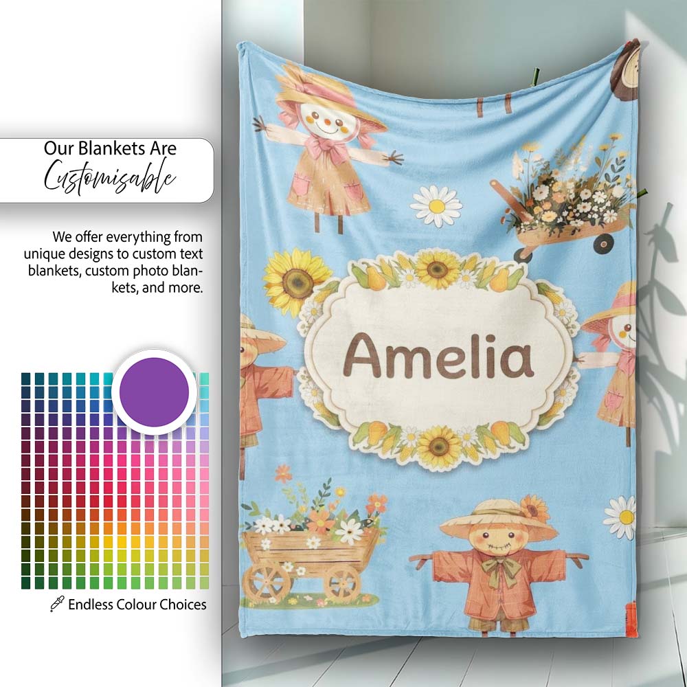 Cute Scarecrow Barn Sunflower Farm Sky Blue Background Seamless  Personalised Custom Name Super Soft Fleece Blanket Bed Sofa Throw