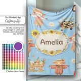 Cute Scarecrow Barn Sunflower Farm Sky Blue Background Seamless  Personalised Custom Name Super Soft Fleece Blanket Bed Sofa Throw