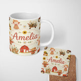 Personalized Custom Name Cute Scarecrow Barn Sunflower Farm Beige Background Seamless 11oz Ceramic Coffee Tea Mug White Large Handle
