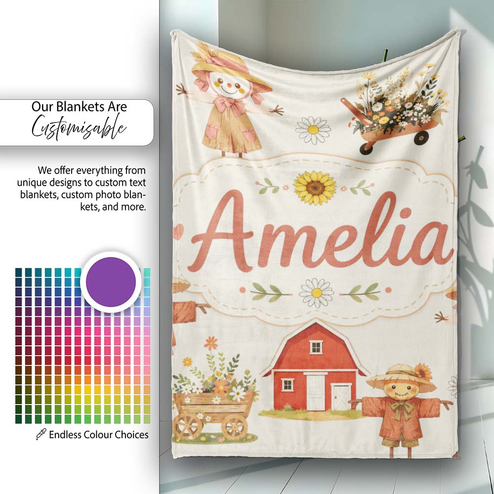 Cute Scarecrow Barn Sunflower Farm Beige Background Seamless  Personalised Custom Name Super Soft Fleece Blanket Bed Sofa Throw