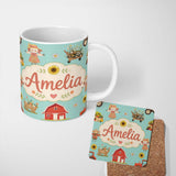 Personalized Custom Name Cute Scarecrow Barn Sunflower Farm Teal Background Seamless Pattern 11oz Ceramic Coffee Tea Mug White Large Handle