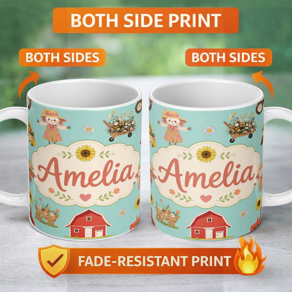 Personalized Custom Name Cute Scarecrow Barn Sunflower Farm Teal Background Seamless Pattern 11oz Ceramic Coffee Tea Mug White Large Handle