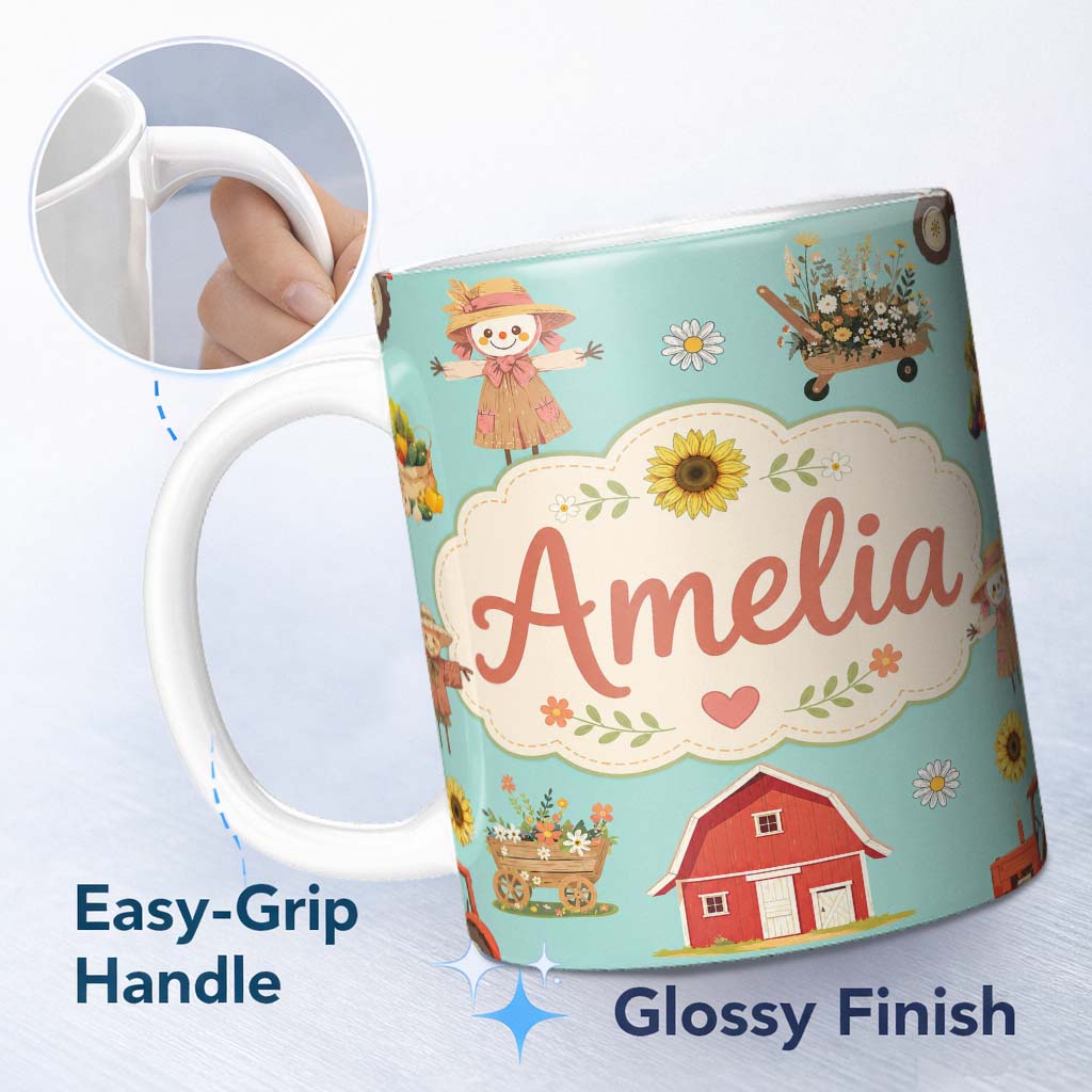 Personalized Custom Name Cute Scarecrow Barn Sunflower Farm Teal Background Seamless Pattern 11oz Ceramic Coffee Tea Mug White Large Handle