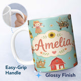 Personalized Custom Name Cute Scarecrow Barn Sunflower Farm Teal Background Seamless Pattern 11oz Ceramic Coffee Tea Mug White Large Handle