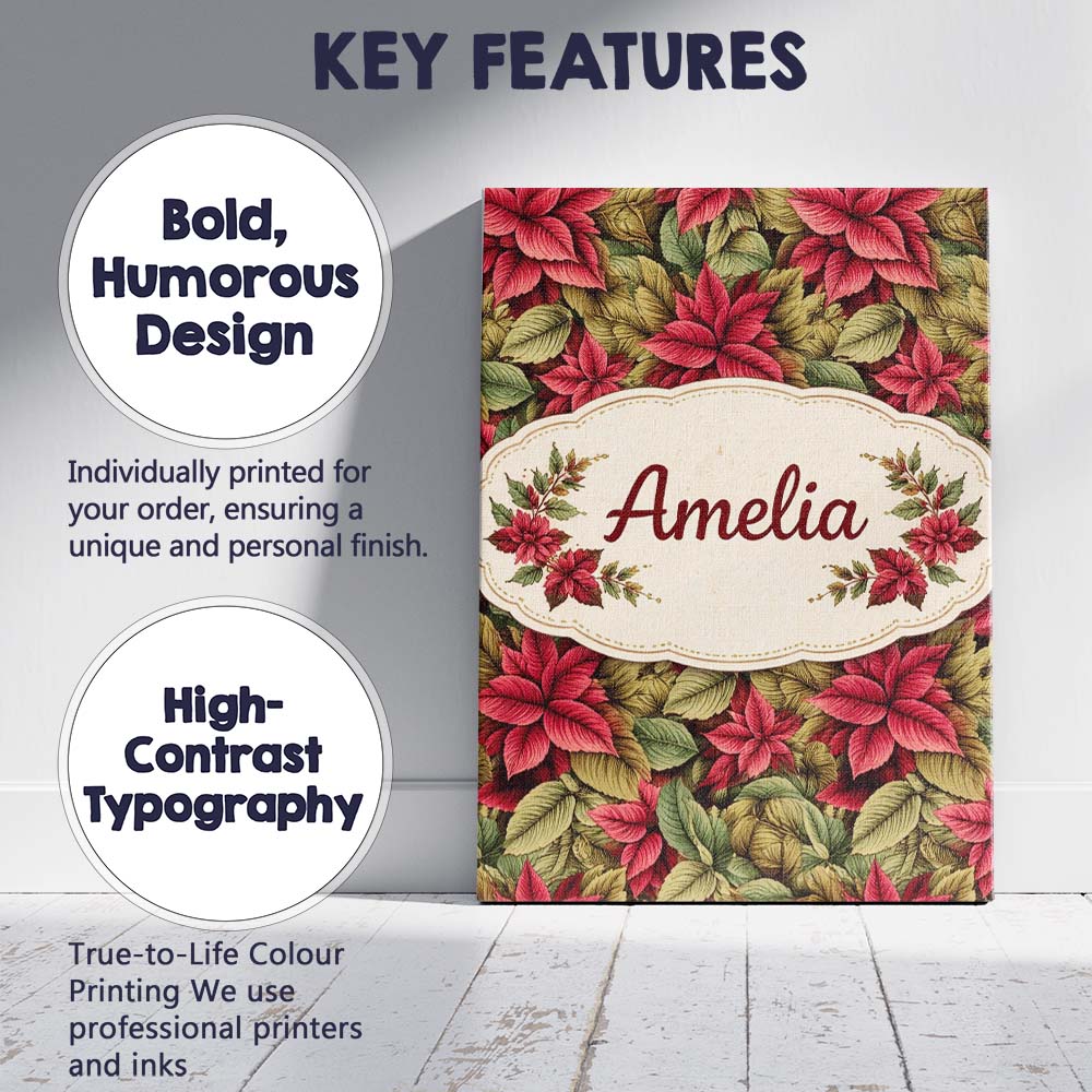Personalised Name Tropical Red Green Foliage Botanical Seamless Custom  Statement Canvas Wall Art Print Decor Picture Ready to Hang