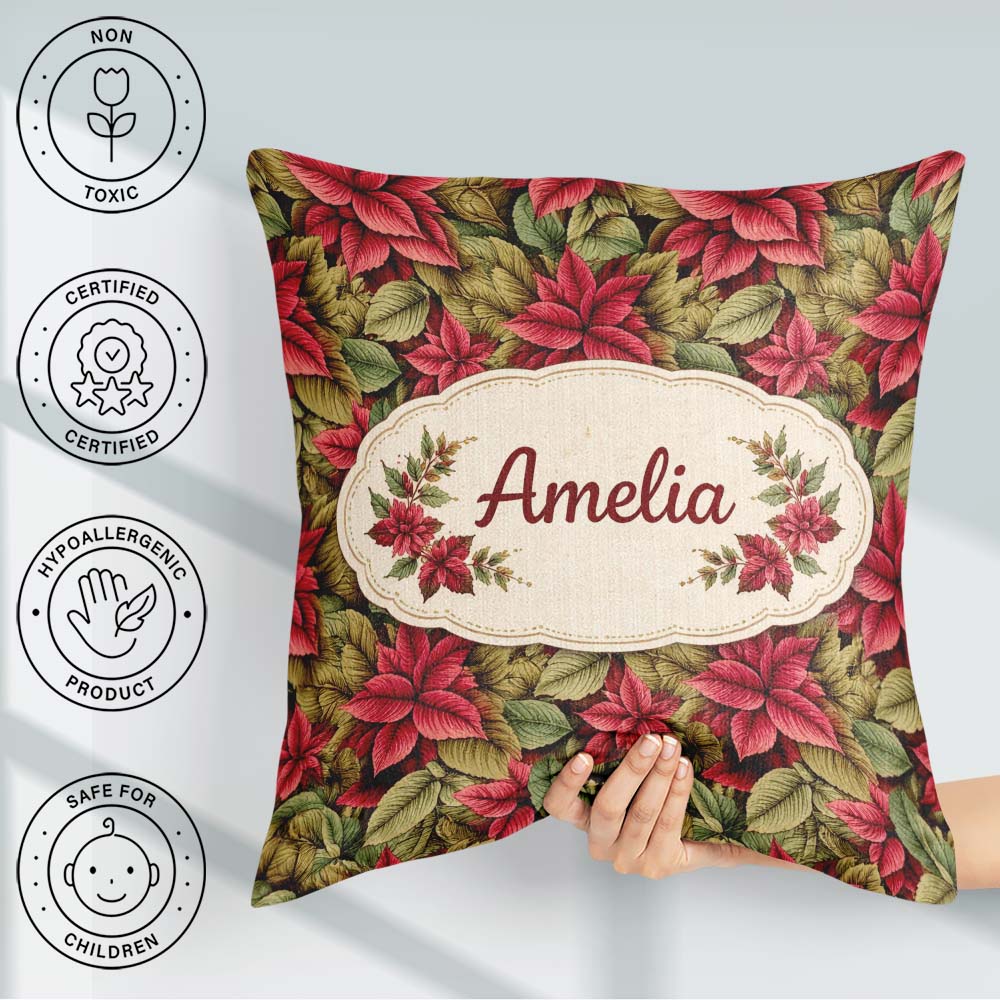Custom Name Tropical Red Green Foliage Botanical Seamless Lovely Square Filled Cushion Throw Pillow Sofa Bed Home Decor Zip Washable UK Made