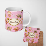 Personalized Custom Name Cute Scarecrow Barn Sunflower Farm Blush Pink Background Seamless 11oz Ceramic Coffee Tea Mug White Large Handle