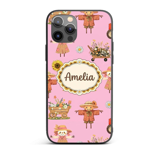 Cute Scarecrow Barn Sunflower Farm Blush Pink Custom Name Protective Phone Case Mobile Cover Durable Everyday Smartphone Shock Resistant