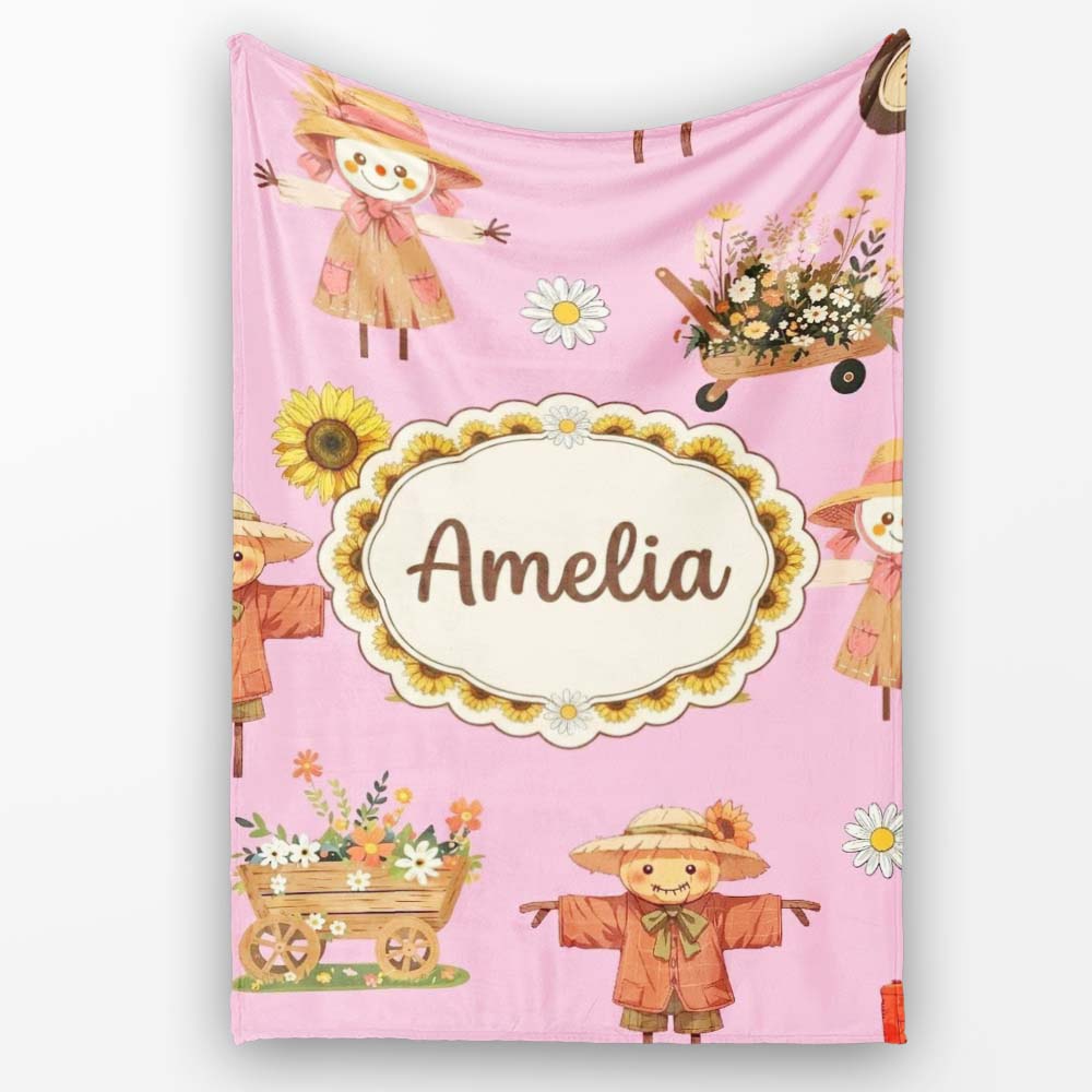 Cute Scarecrow Barn Sunflower Farm Blush Pink Background Seamless  Personalised Custom Name Super Soft Fleece Blanket Bed Sofa Throw