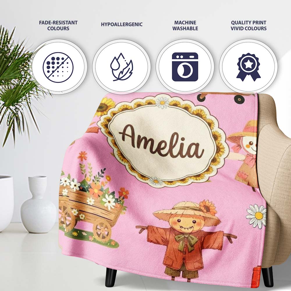 Cute Scarecrow Barn Sunflower Farm Blush Pink Background Seamless  Personalised Custom Name Super Soft Fleece Blanket Bed Sofa Throw